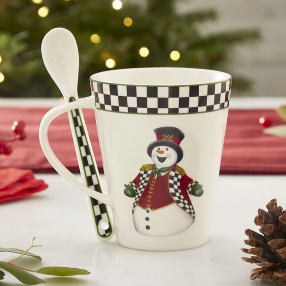 Spode Black and White Porcelain Christmas Tree Mug and Spoon Set New in Box - Picture 2 of 12